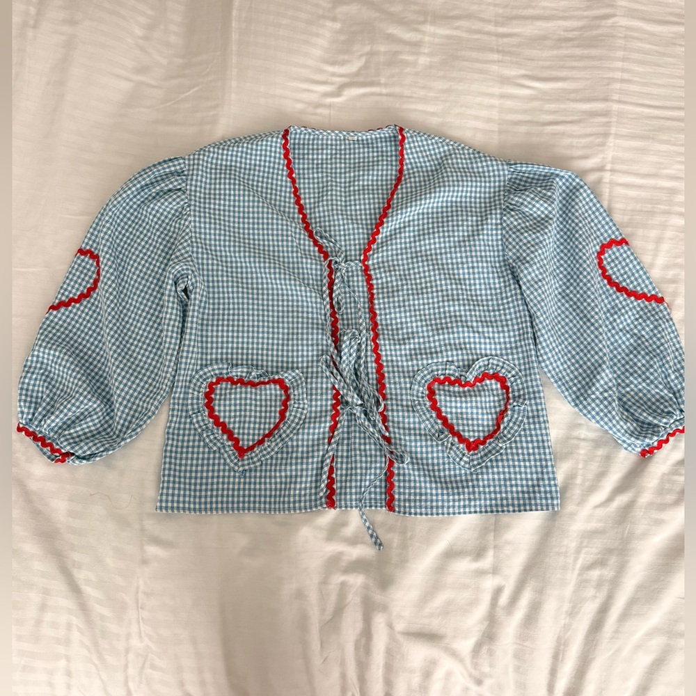 Blue Gingham Heart-Trim Tie-Front Blouse